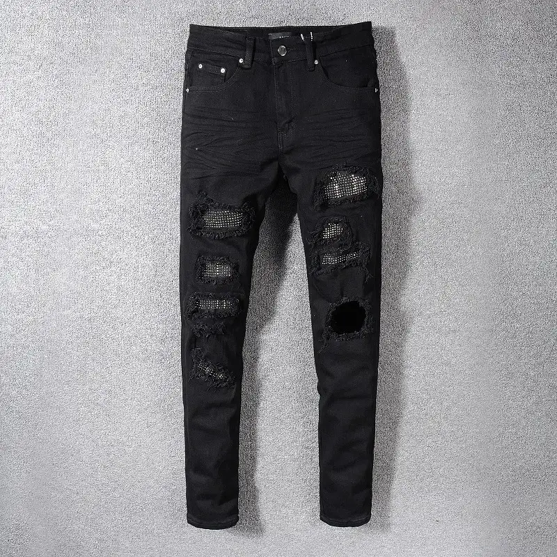 2023 Cross-border American Style High Street Fashion Brand Black Ripped Jeans Men's Hot Drilling Stretch Slim-fit Skinny Pants Trendy