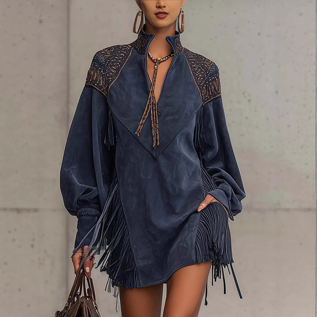 Amazon Independent Site 2025 New Cross-Border European and American Style V-Neck Tassel Embroidered Dress for Women