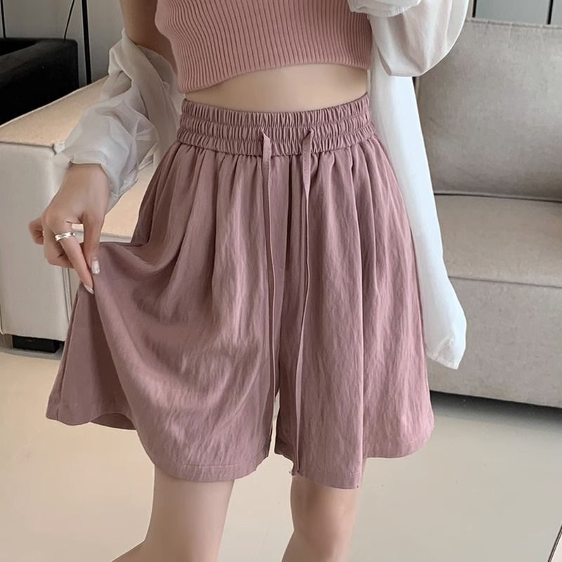 Ice Silk Shorts for Women, Summer Thin Style, Elastic Waist, Loose Straight Pleated Cool Pants, Casual Wide-Leg Five-Point Pants