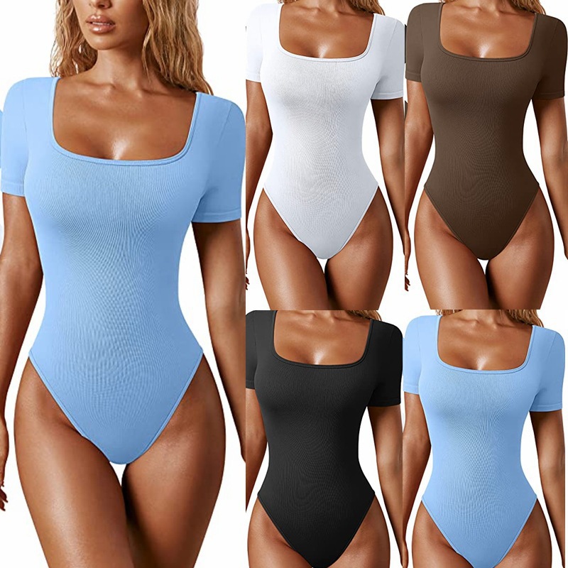 Amazon Cross-border European and American Foreign Trade Women's Rib Pit Square Collar Short-sleeved Tight Body Shaping Fitness