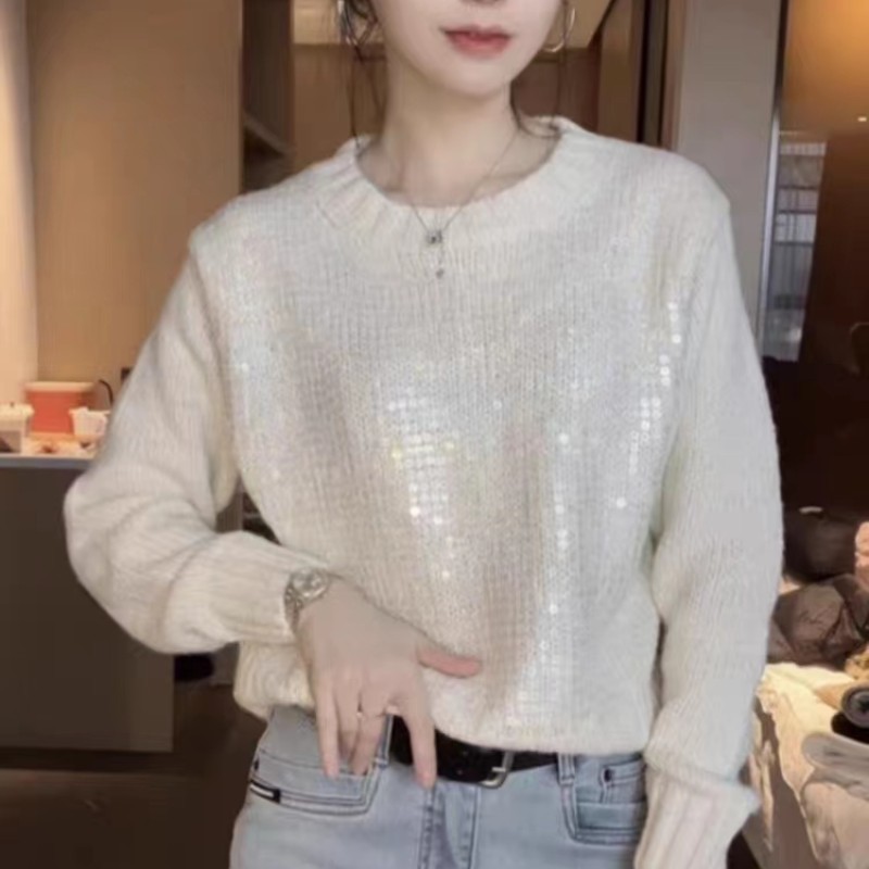 Early spring 2024 heavy industry diamond sequined round neck sweater women's new bottoming high-grade sweater long-sleeved top