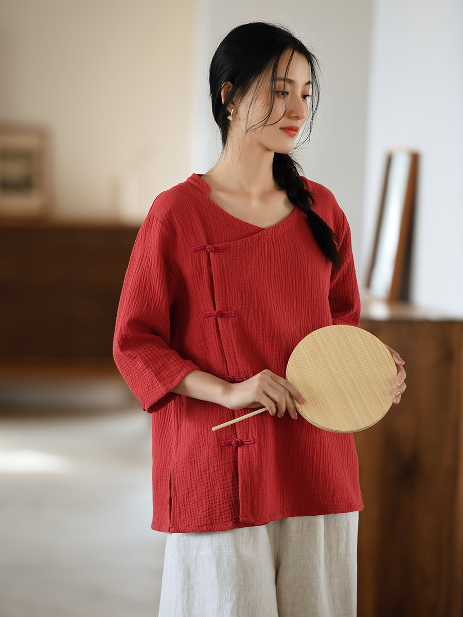 Wow New Chinese Style Women's Clothing Spring and Summer New Retro Top Women's Chinese Style Button Zen Shirt Tea Art Clothing