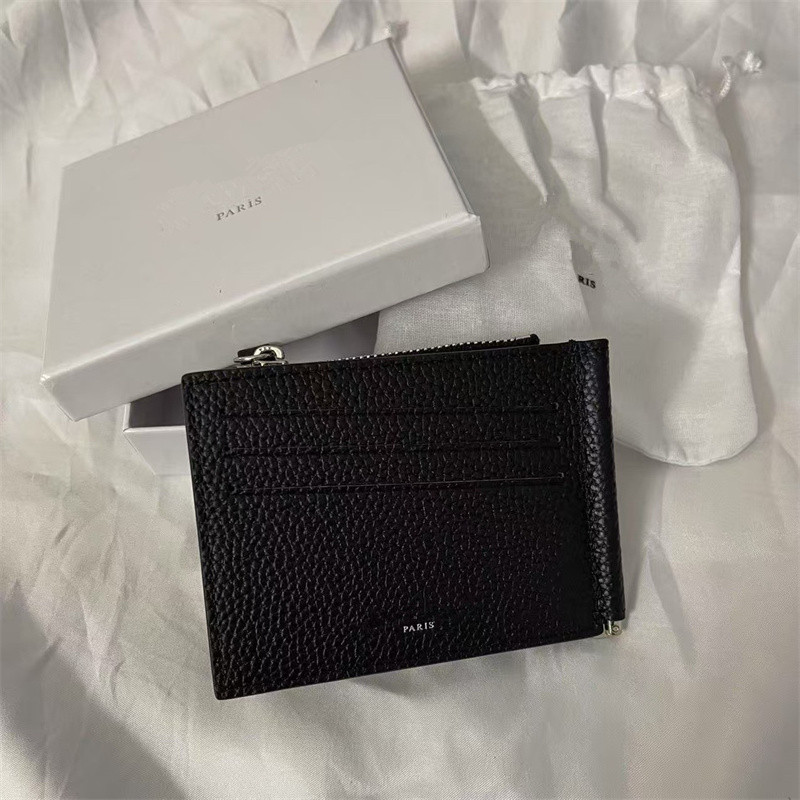 21Aw Black Leather Card Holder with Dollar Bill Clip, Four-Point Stitching Design, Minimalist Genuine Leather Coin Purse with Zipper for Men and Women
