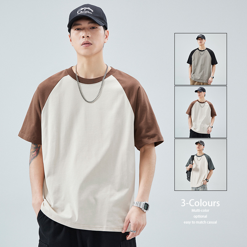 Summer New Trendyy Loose Color-Blocked Raglan Cotton T-Shirt Men's Fashion Versatile Accessible Luxury Texture Top Men's Clothing