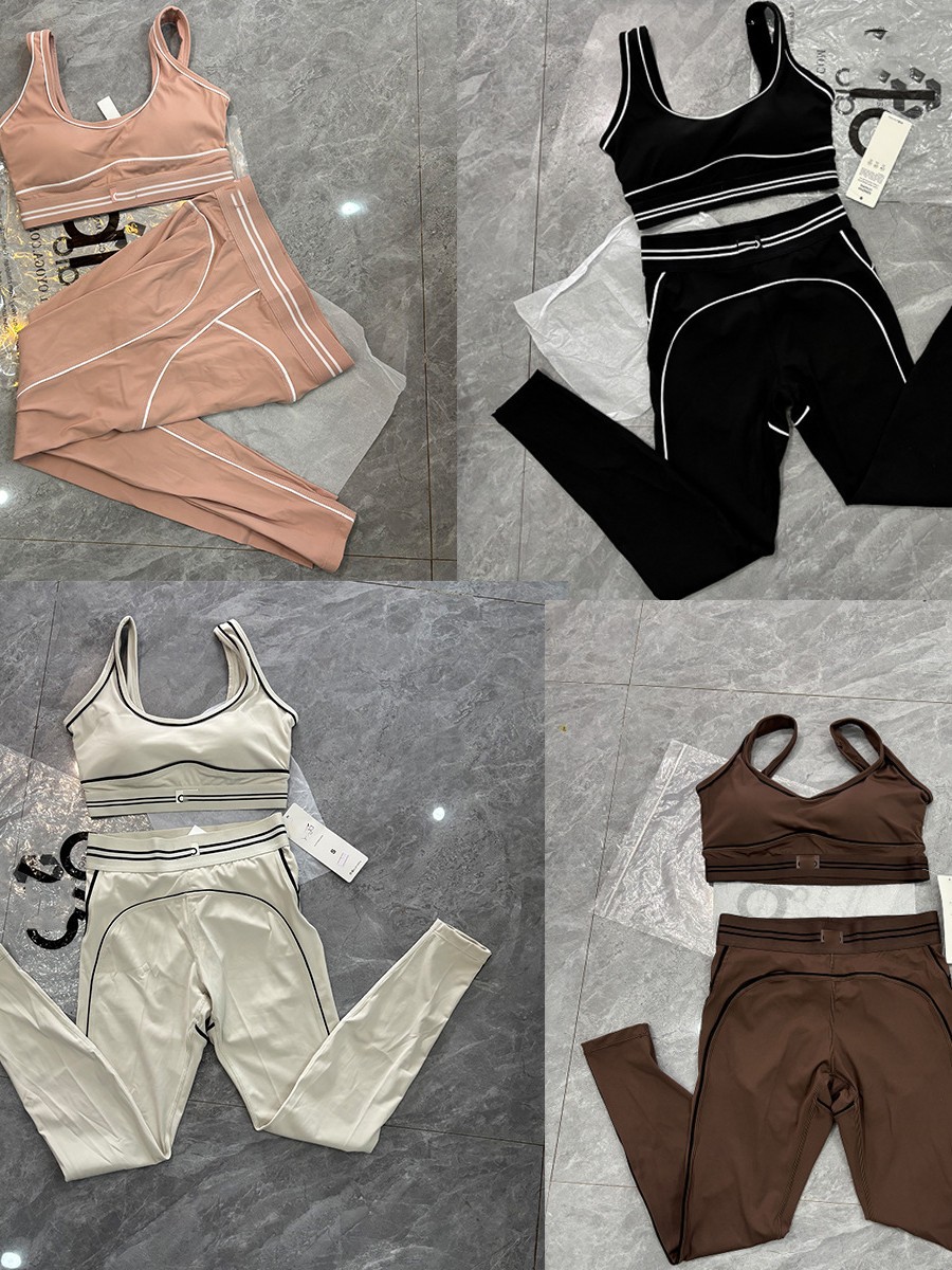 European and American Cross-Border Foreign Trade Same-Style Pilates Color-Blocked Line Yoga Outfit Set for Women, European and American Sports Fitness Outfit Set Foto QC de 1688 na Qualit.ly