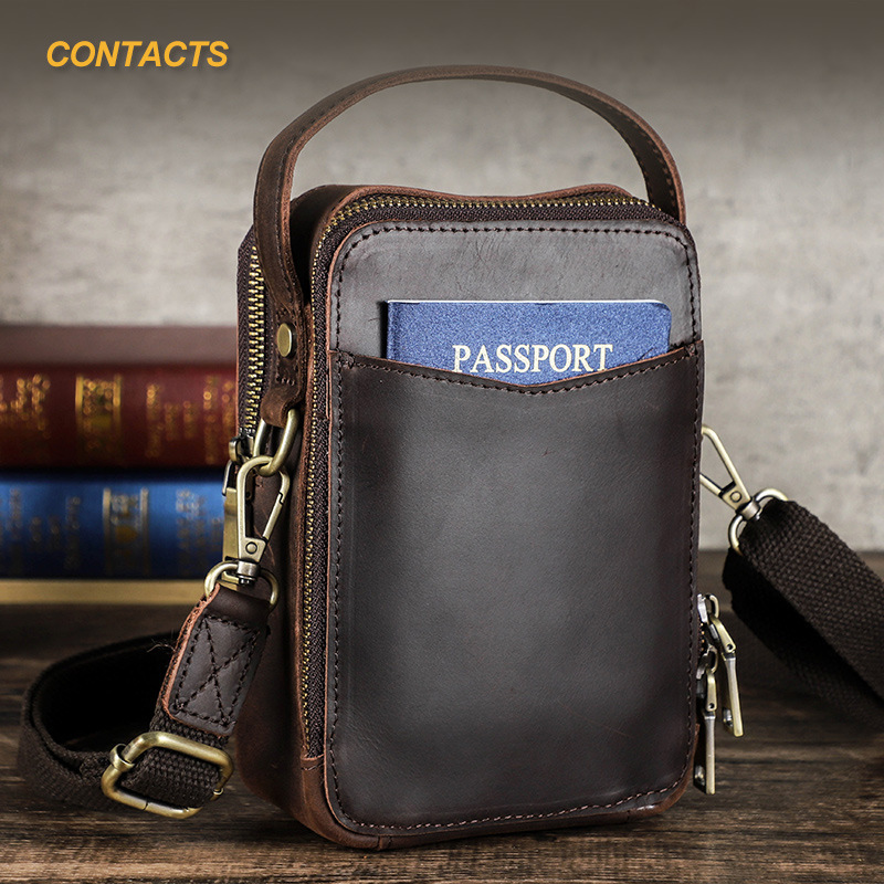 Black Angel Vintage Crazy Horse Cowhide Casual Men's Shoulder Crossbody Bag Niche Fashionable Leather Mobile Phone Satchel