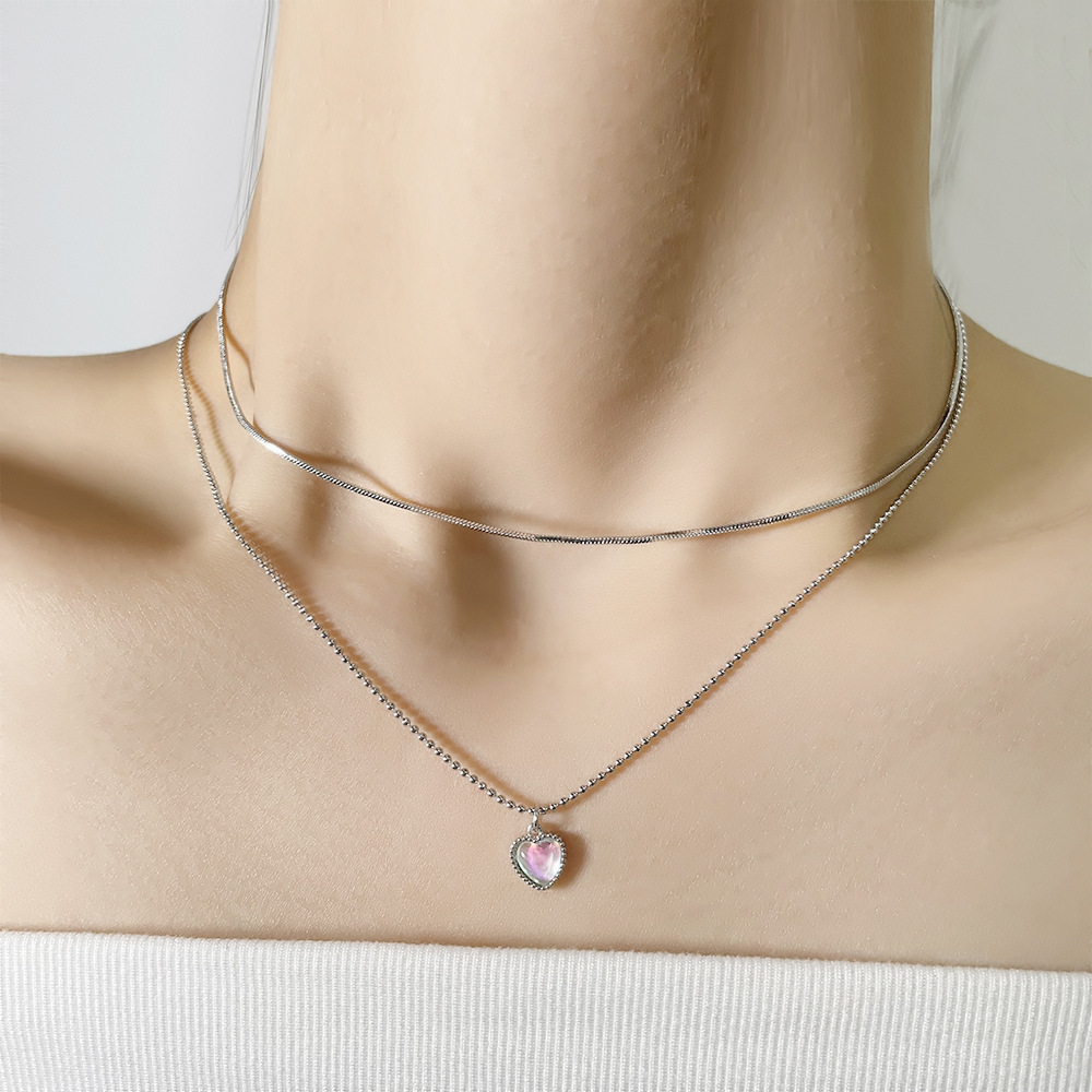 Ancient Cat Ning Double-layer Moonstone Love Necklace Women's Personality Pendant Necklace Colorful Stone Heart-shaped Overlapped Clavicle Chain