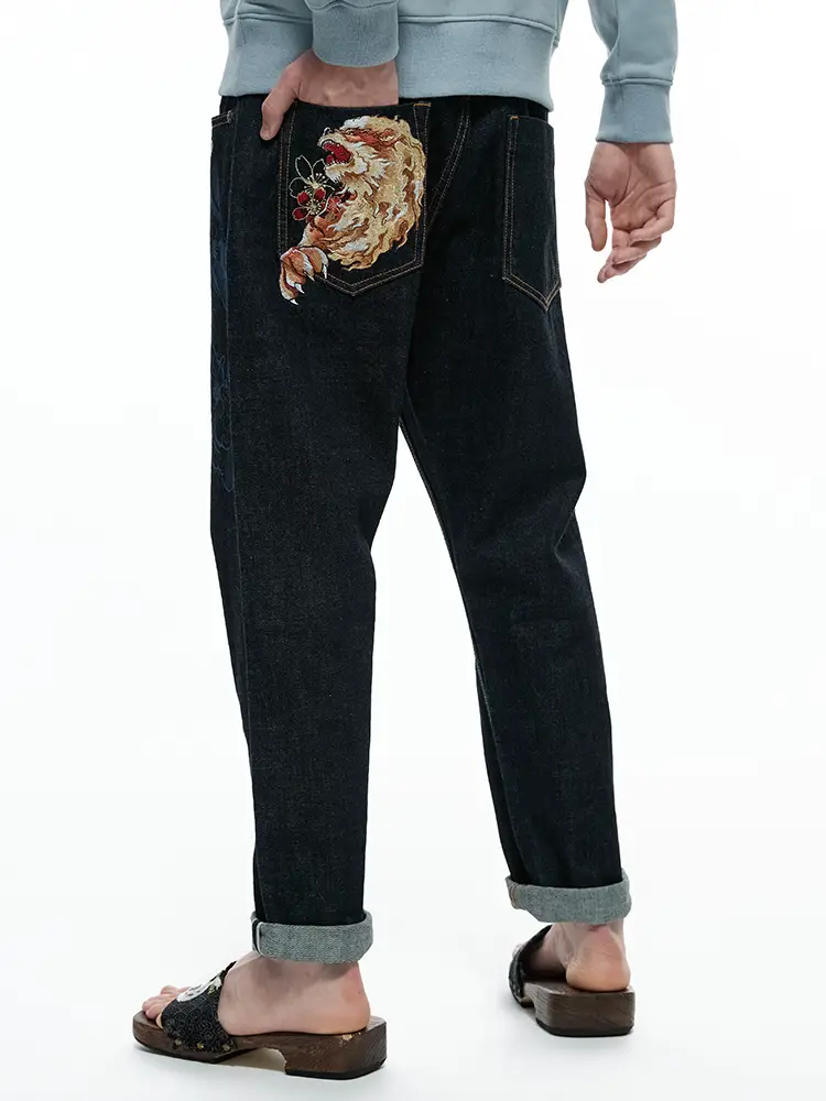 Oniarai/Ghost Wash 23 Autumn Mud Stick Blue Wufu Fire Lion Embroider Red Cloth Men Straight-leg Denim 23N5404