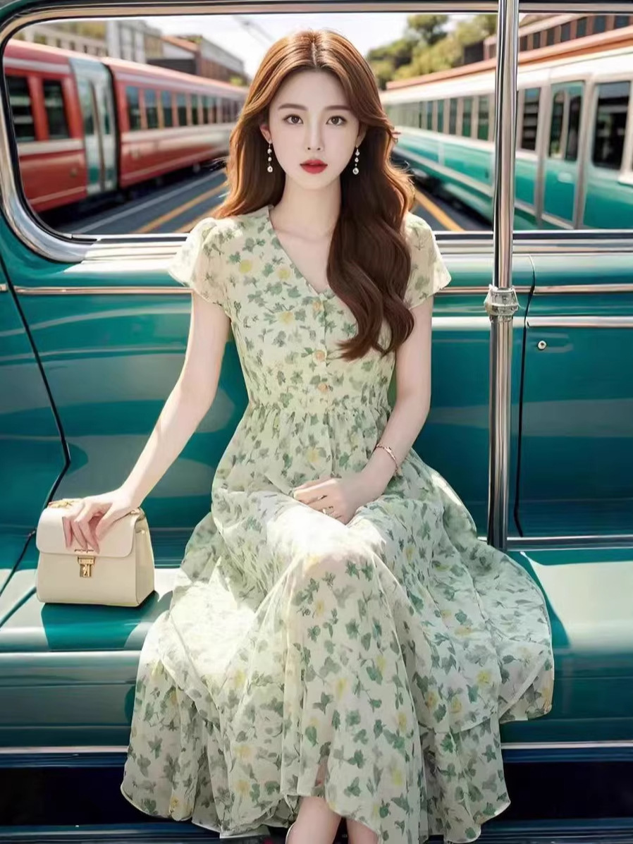 Gentle Chiffon Floral Dress, Summer 2026 New Style, French Exquisite Elegance, Waist-Cinching, Slimming, Tummy-Concealing Dress