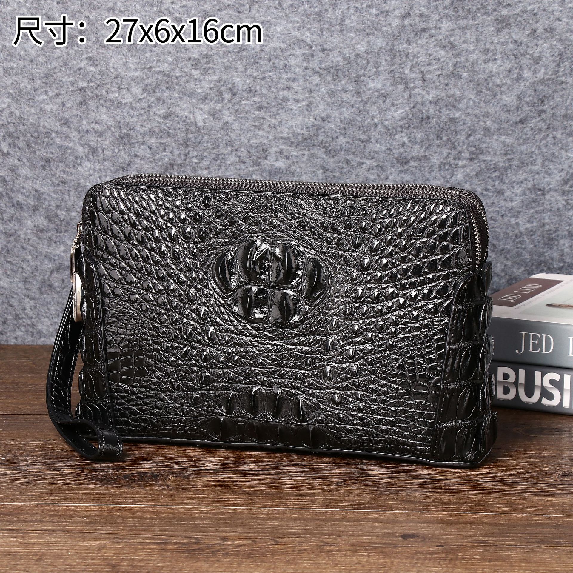 Crocodile Bone Pattern Men's Clutch Bag with Double Zipper, Large Business Wallet with Large Capacity and Password Lock