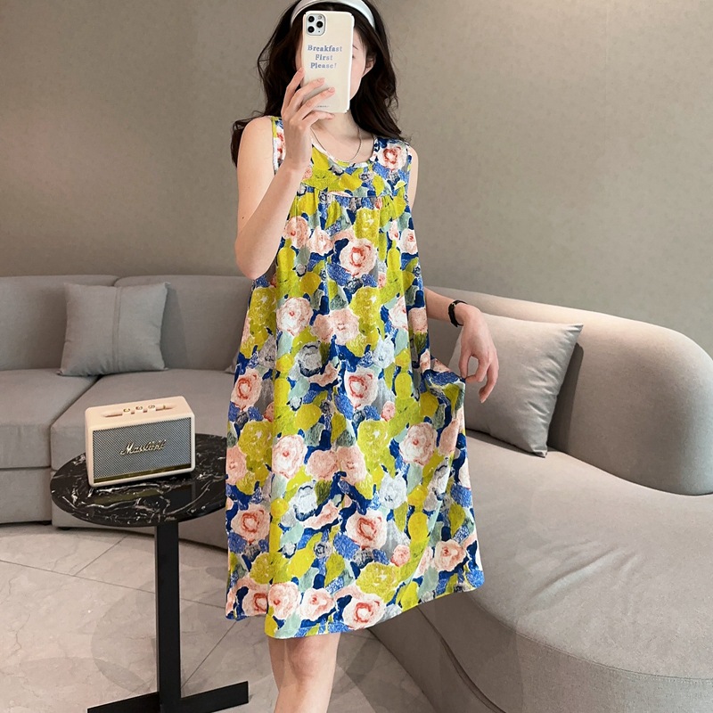 Summer Fashion Sleeveless Vest Sling Cotton Silk Dress Women's Mid-length Small Size Casual Large Size Floral Outfit
