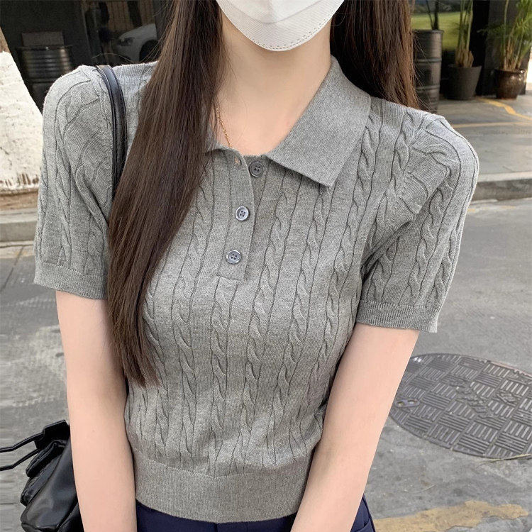 2026 New Unique and Super Stylish Polo Collar College-Style Knitted Short-Sleeve T-Shirt for Women, Suitable as a Base Layer or Top