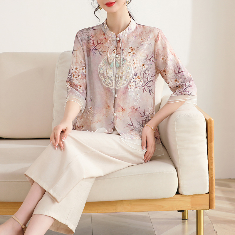 Mom's Middle-Aged Summer Clothing, Chinese-Style Summer Blouse, Stylish Shirt Set, New Style Middle-Aged and Elderly Tops, National Style Two-Piece Set