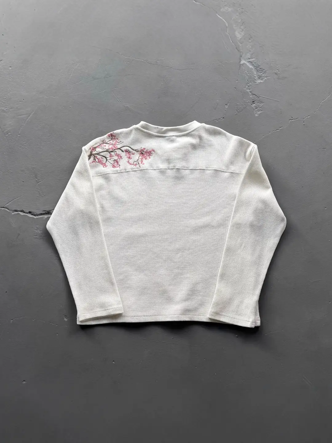 High-Quality Derschutze Cross-Border American Embroidered Cherry Blossom Waffle Long-Sleeved T-Shirt Bottoming Shirt Round Neck Top