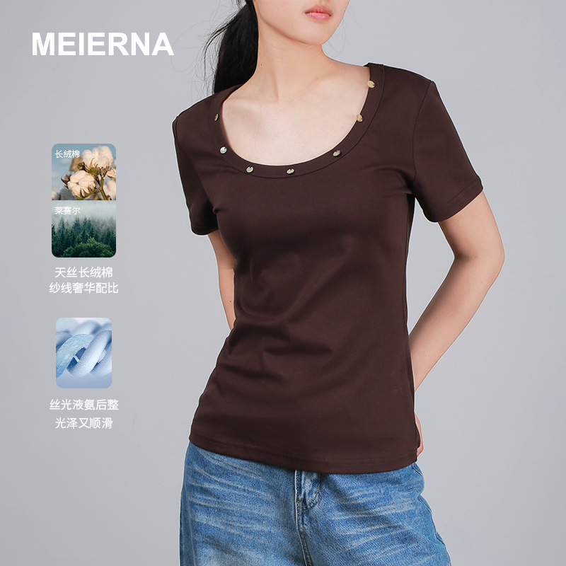 Shell U-Neck Heavy-Duty Rivet Short-Sleeved T-Shirt for Women Summer American Retro Right-Shoulder Slim-Fitting Top Mbh037