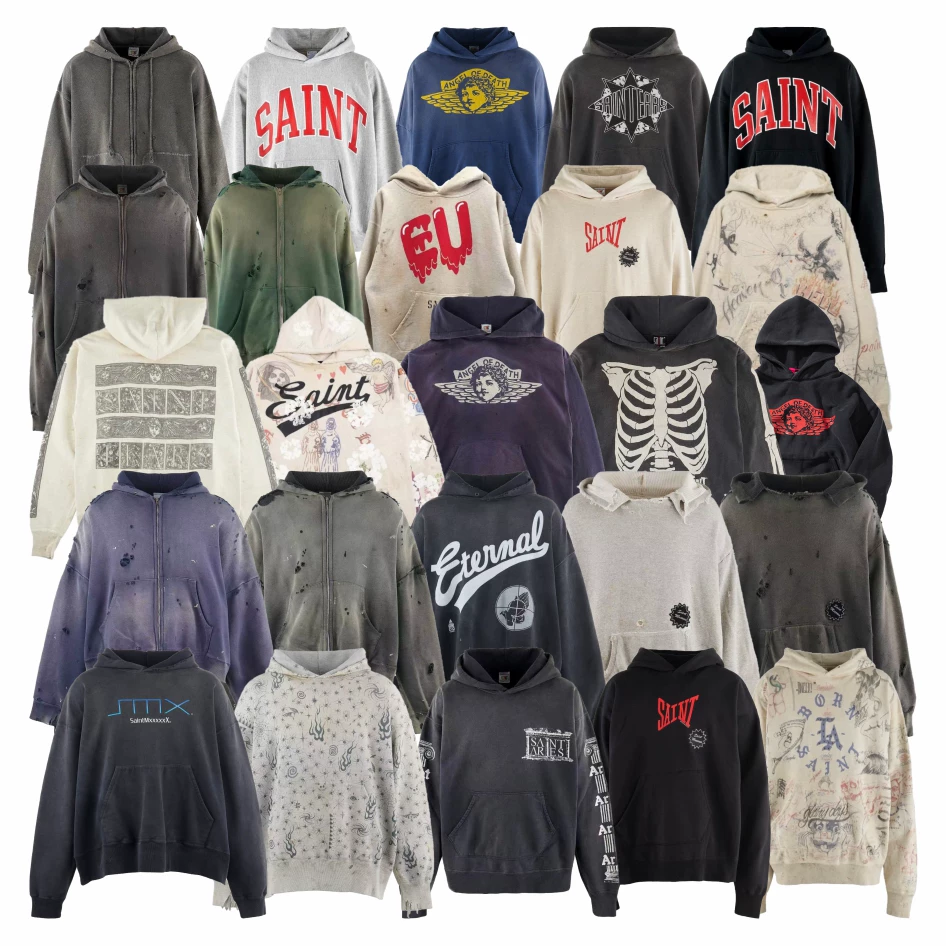 SAINT MICHAEL Japanese Trendy Vintage Washed Outdated Hip Hop Autumn/Winter Plush Hoodie Hoodie for Men and Women