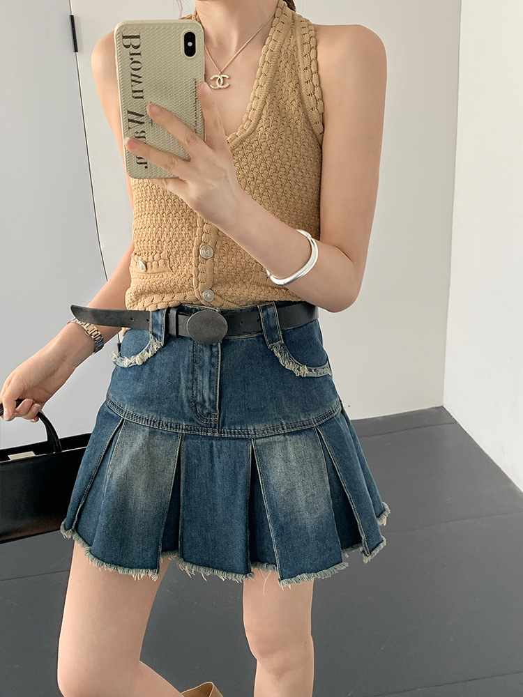 Vintage Pleated Skirt, Women's Denim Skirt, New Summer Style, High-Waisted, Slimming A-Line Skirt, Anti-Exposure for Petite Figures