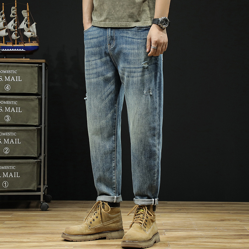 6336# plus size men's spring and summer new big cow style ripped jeans loose lightweight breathable cropped skinny pants