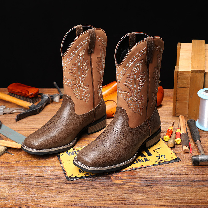 Short Boots for Men in Autumn and Winter Single Boots Thick Heel Western Cowboy Boots 2025 Embroidered Retro Mid-Calf Square Toe Boots for Men
