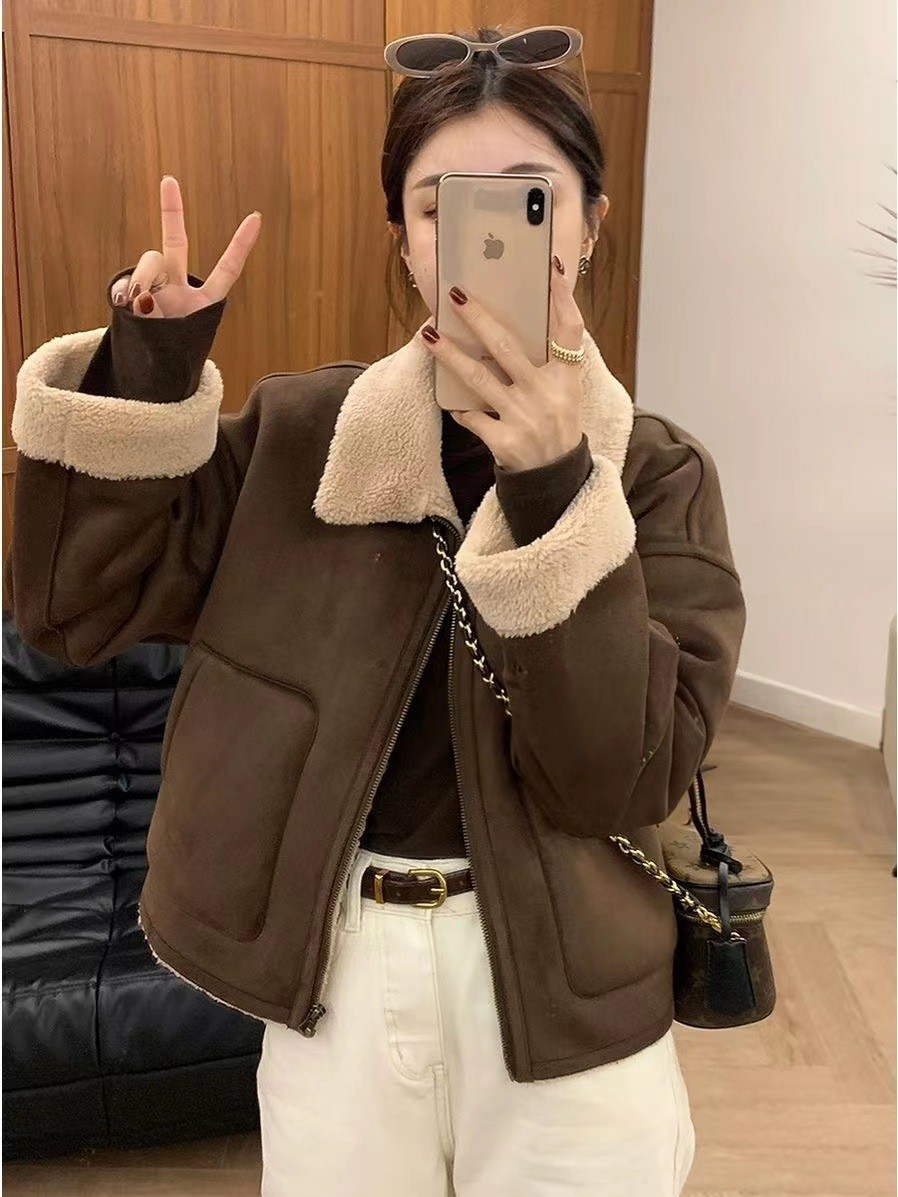 2024 Autumn and Winter New Korean Style Lapel Retro Elegant Loose Warm Wool Jacket Women's Zipper Casual Top