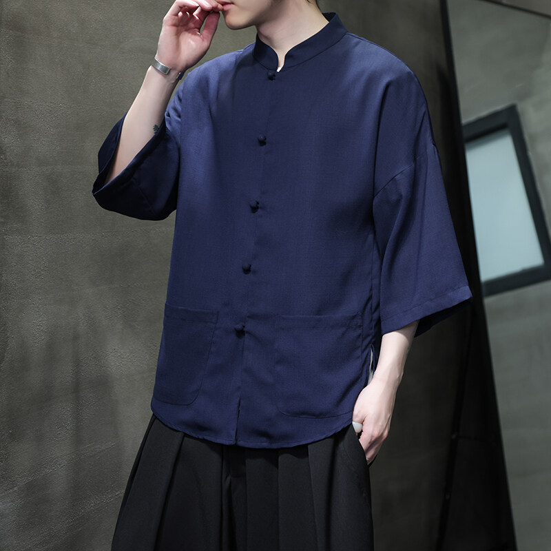 Summer Quick-drying Lightweight Ice Silk Seven-sleeve Shirt Men's Chinese Style plus size Loose Tang Suit Draped Short-sleeve Shirt