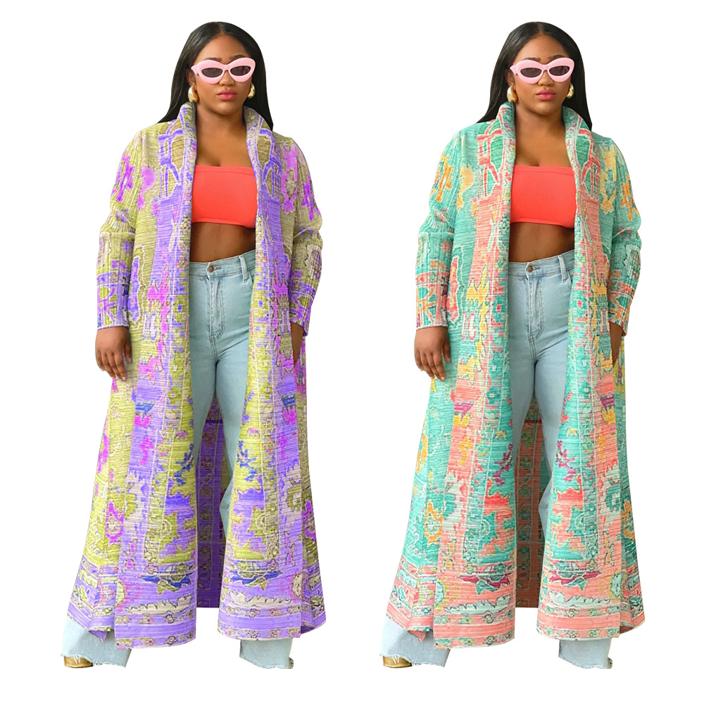 K10634 Cross-Border Exclusive for Amazon European and American Export Popular Pleated Printed Large Size Windbreaker Long Outwear for Women