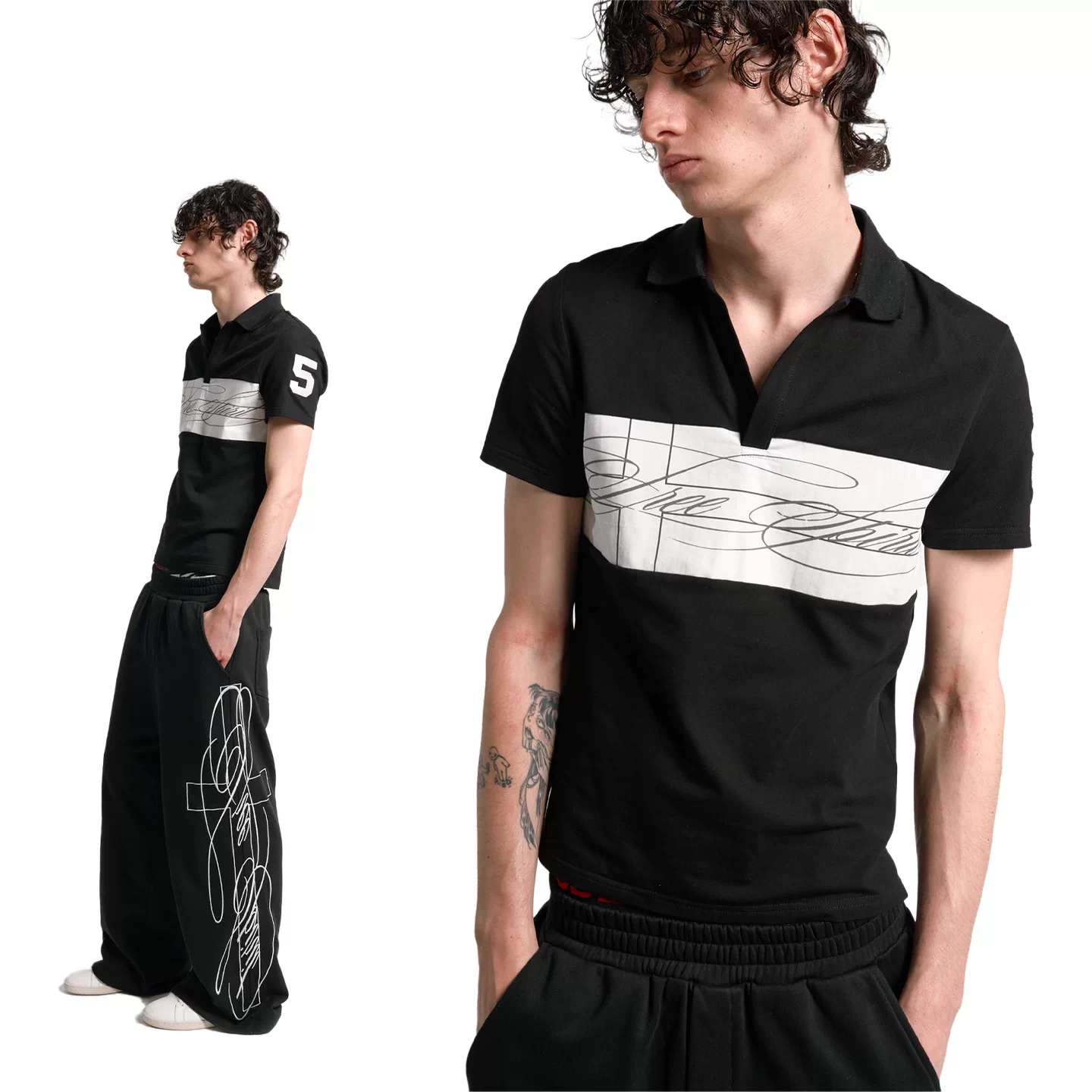 No E mosen (noE) cross print in different colors, black and white contrasting front shoulder, street polo short sleeved shirt