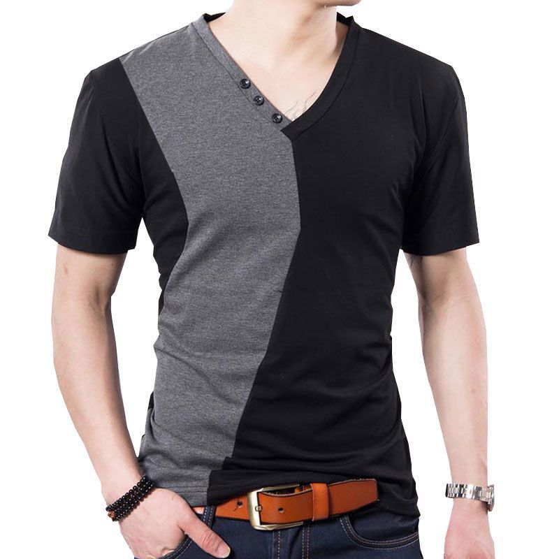 High-qualiTy CoTTon ShorT-sleeVed Men's T-shirT Slim Plus Size Men's CloThing Trendyy Splicing ConTrasTing Loose Half-sleeVed V Neck