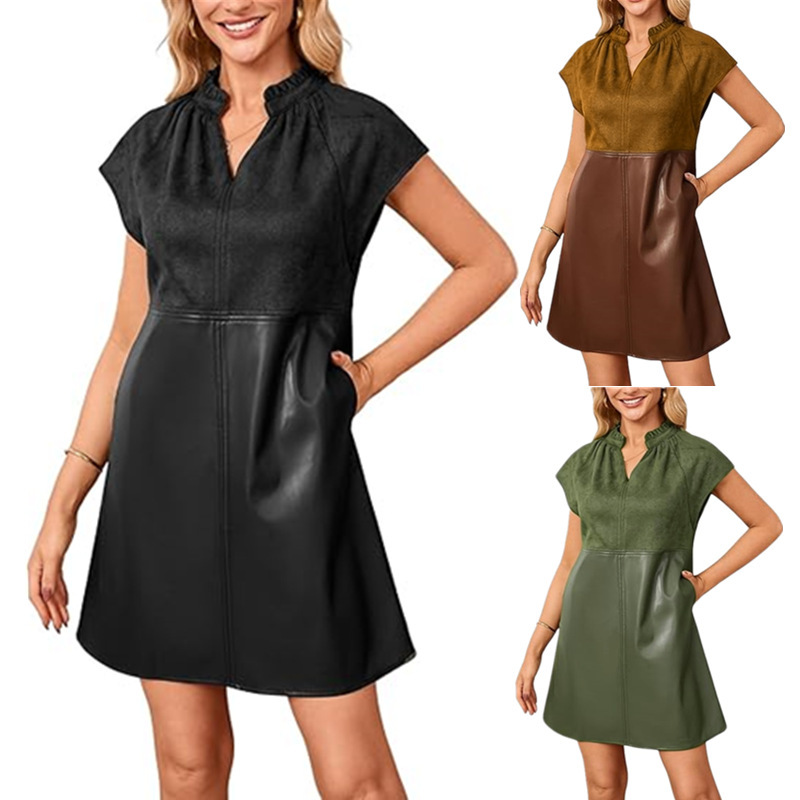 2026 European and American Fashion Stylish Faux Suede Color-Blocking Pu Leather Patchwork V-Neck Cap Sleeve Pocket Mini Dress