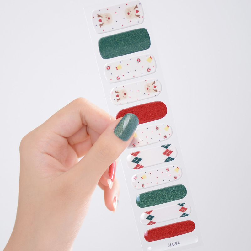Cross-Border New Christmas European and American French-Style Gel Nail Stickers with Red and Green Glitter Gel Nail Semi-Cured Nail Stickers