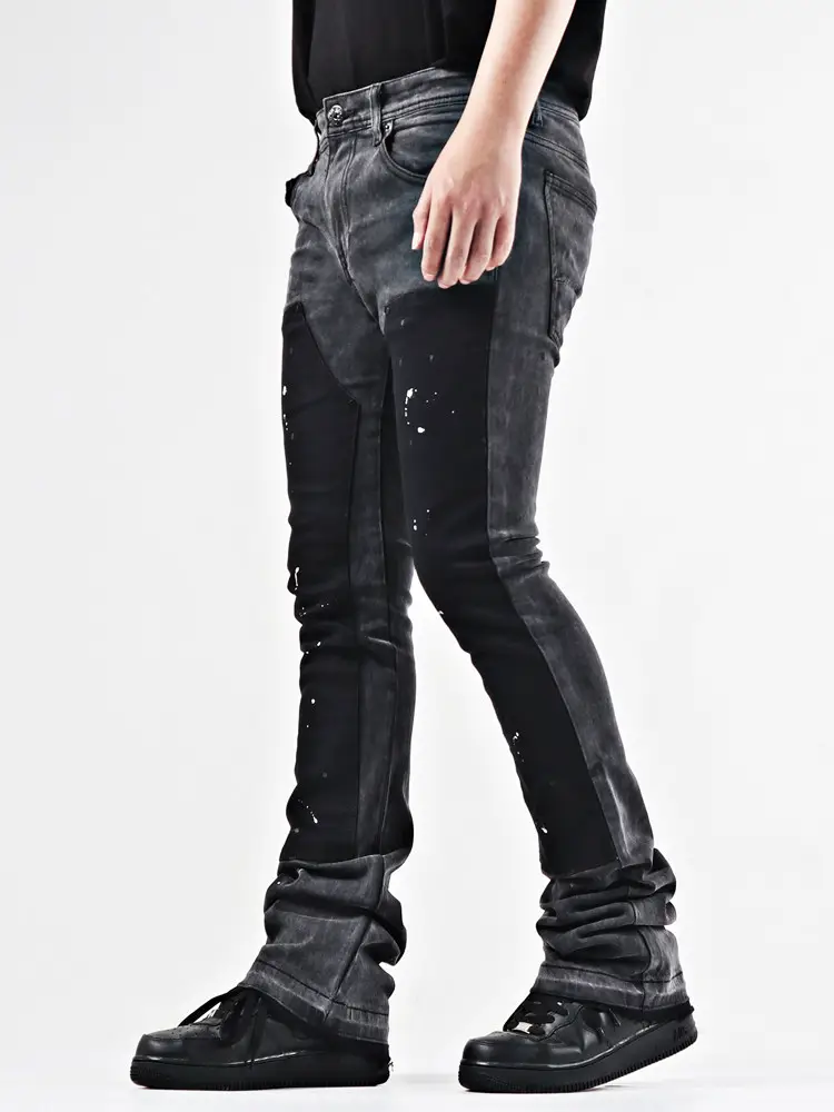 American Street Hip-Hop Lumberjack Splatter Paint Distressed Patchwork Vintage Deconstructed Washed Heavy Flared Jeans