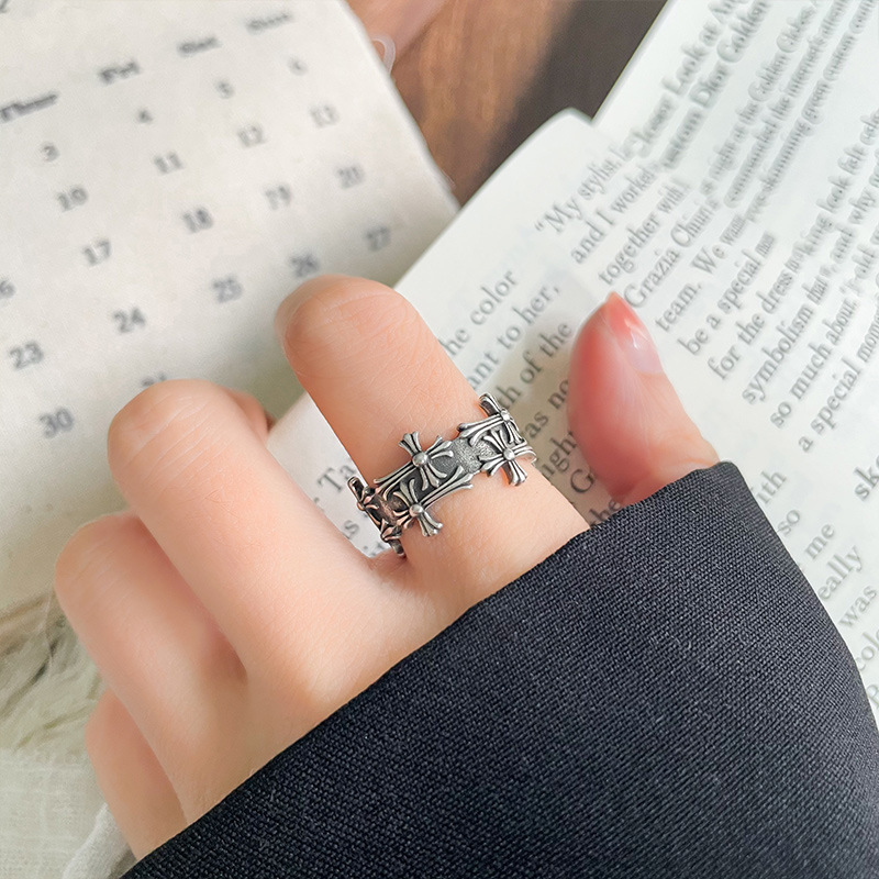 Lan Zhi Sterling Silver Ring Women's Hip Hop Cross Cool Handsome Retro Open Index Finger Ring Women's No Fade 925 Jewelry