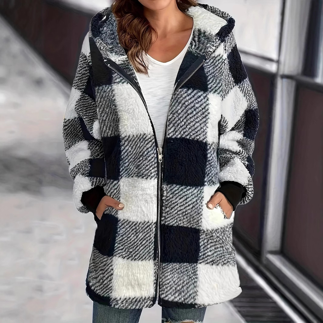 European and American plush women's coat new wish Amazon long sleeve plaid hooded zipper with pocket loose coat