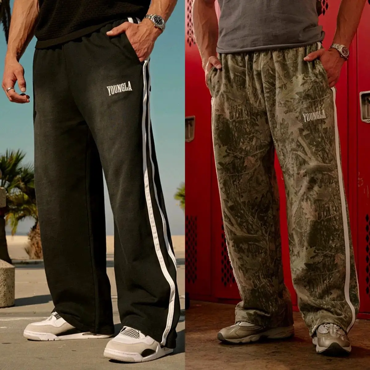 Youngla American Style New Men's Sports Pants Double-Stripe Patchwork Printed Casual Straight-Leg Pants Basketball Training Long Pants