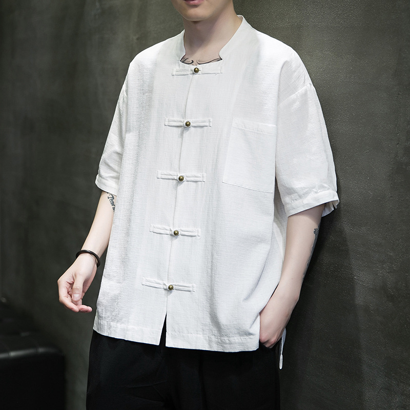 Linen shirt men's short sleeve Chinese style Tang suit half sleeve improved hanfu Chinese style buckle cotton and linen shirt men's shirt
