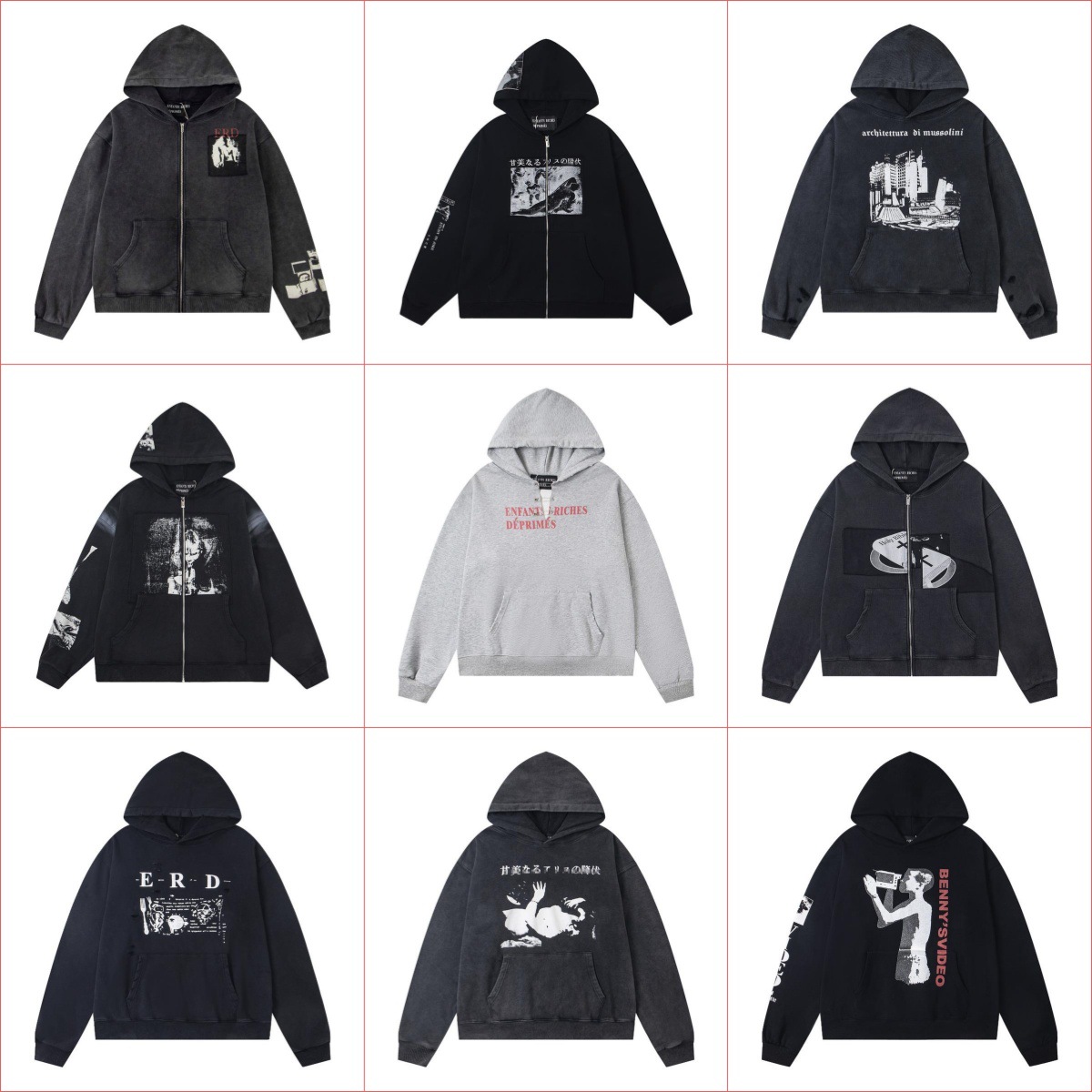 New Erd Melancholic Rich Second-Generation Disruptive Zipper Open Collar Pin Letter Print Men's and Women's Hooded Sweatshirt Jacket