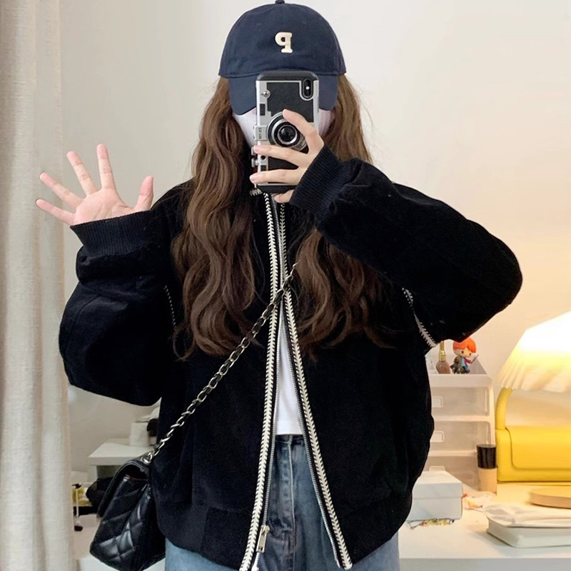 Sweatshirt Women's Autumn and Winter Baseball Uniform 2025 New High-End Black Korean Style Lazy Style Versatile Cardigan Jacket