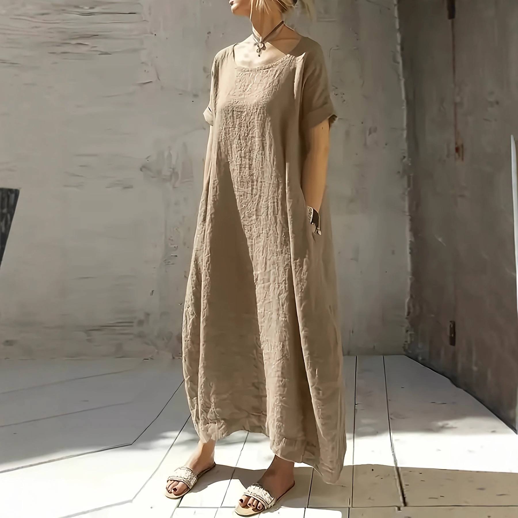 2025 New Amazon Export Women's Clothing Ice Silk Wrinkle Loose Plus Size Solid Color Round Neck Short Sleeve Cinched Waist Dress for Women
