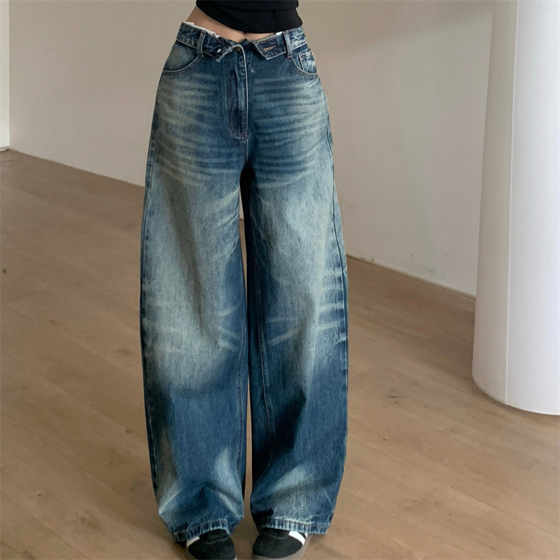 American Retro Washed Vintage Jeans, Spring Season, High-Waisted Loose Wide-Leg Pants, Low-Waist Slimming Curved Hem Floor-Length Pants