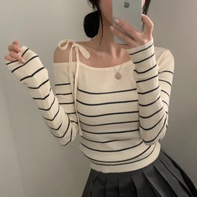 Korean Chic2026 Early Spring New Style Lace-Up Off-Shoulder Slim-Fit Striped Long-Sleeve Knit Top for Women