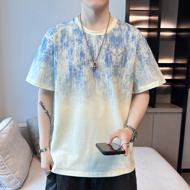 Summer Short-sleeved T-shirt Men's 2024 New Fashionable Loose Gradient Boys Handsome Half-sleeved T-shirt Top Clothes Men's Clothing