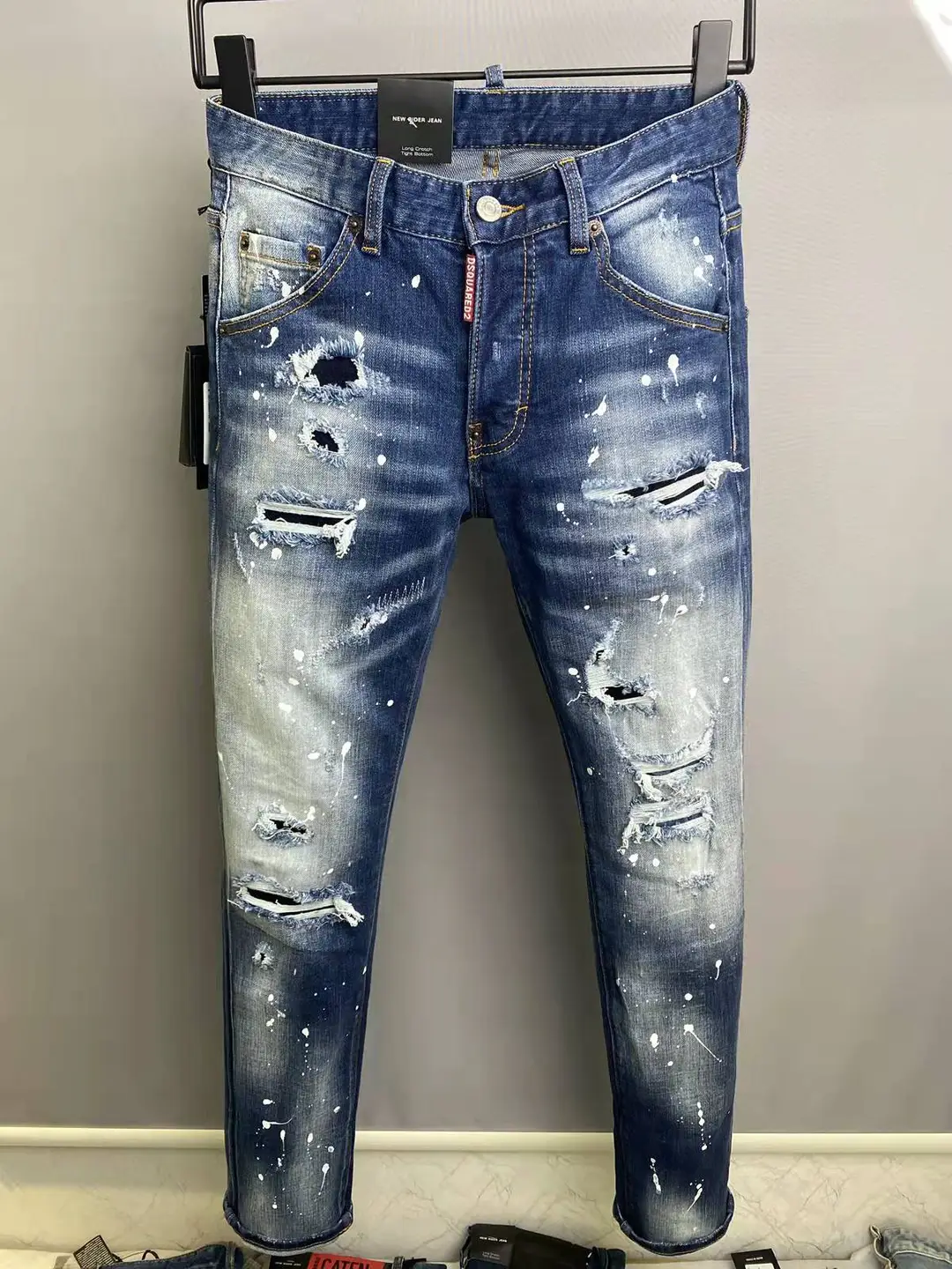 2022 Spring/Summer New D2 Trendy Men's Washed Distressed Patch Painted Stretch Slim Straight Blue Jeans for Men
