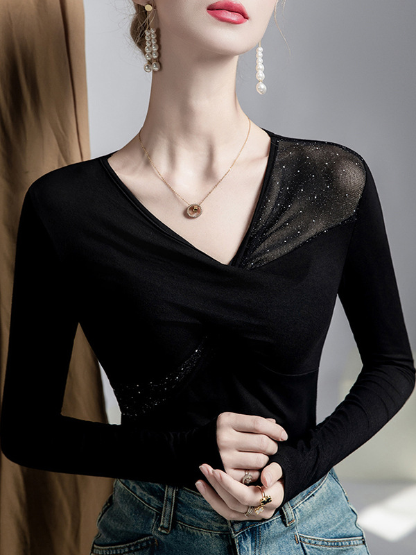 Fashion Long-Sleeve V-Neck T-Shirt for Women 2025 Autumn New Design Niche Base Shirt with Rhinestone Lace Patchwork Top