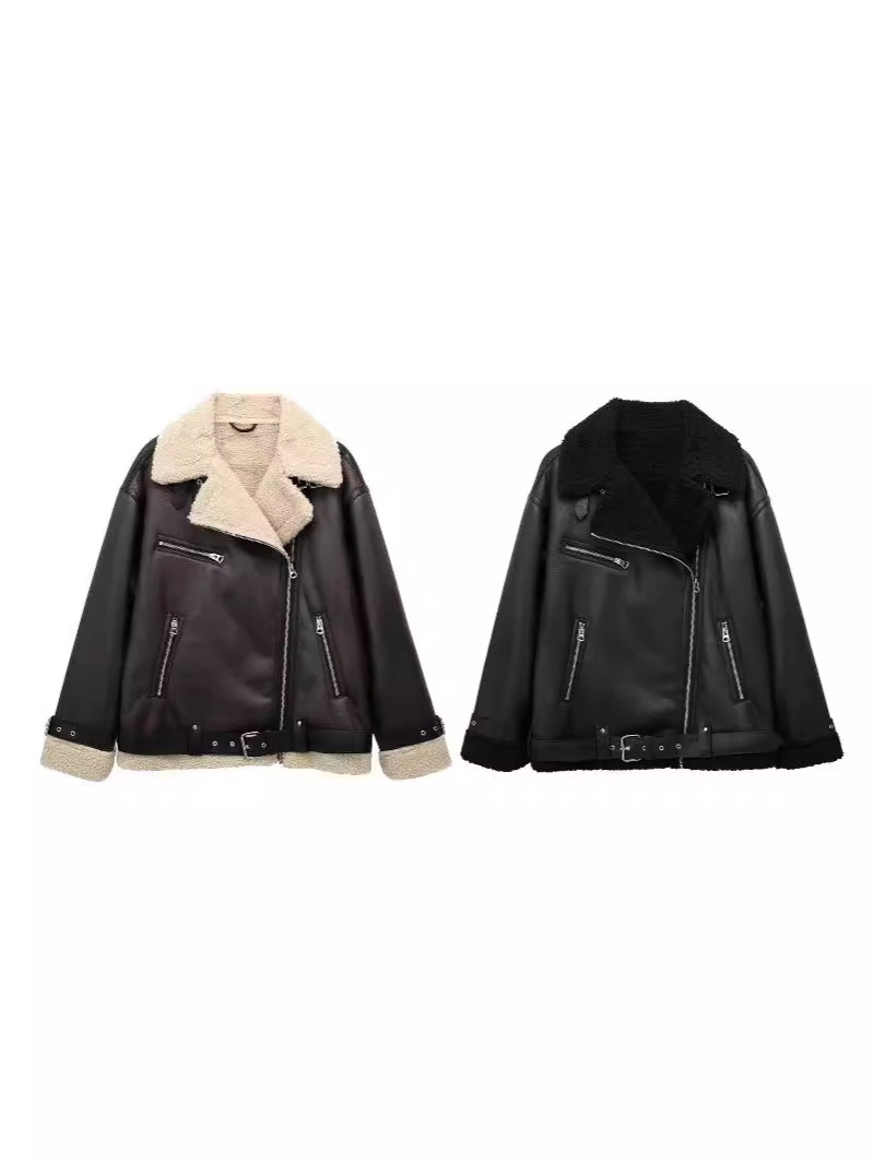 Zatrax-2024 Spring and Autumn European and American-style Women's Wear with Belt Double-sided Jacket Lapel Lambskin Lined Jacket