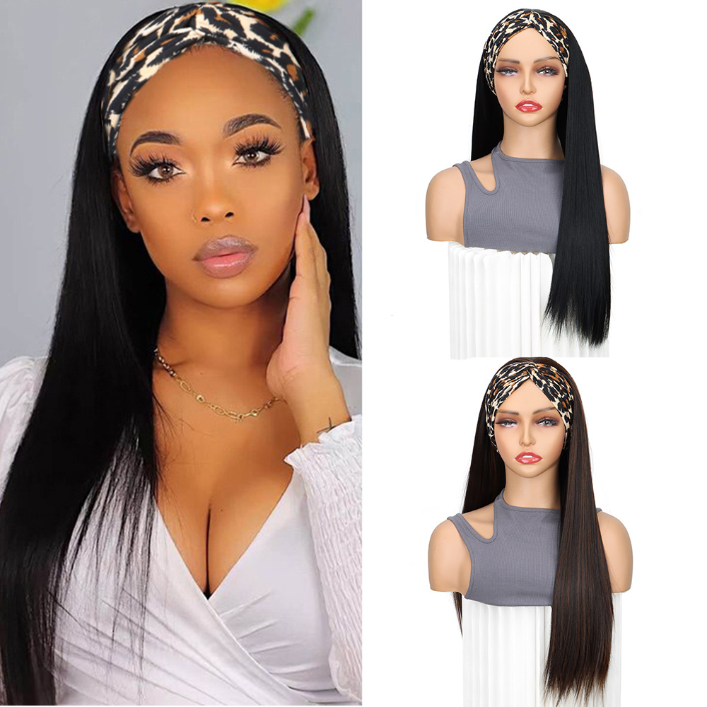 Foreign Trade European and American Style Hair Belt Scarf Hood Wig Women's Black Long Straight Hair Fashion Natural Velcro Hood in stock