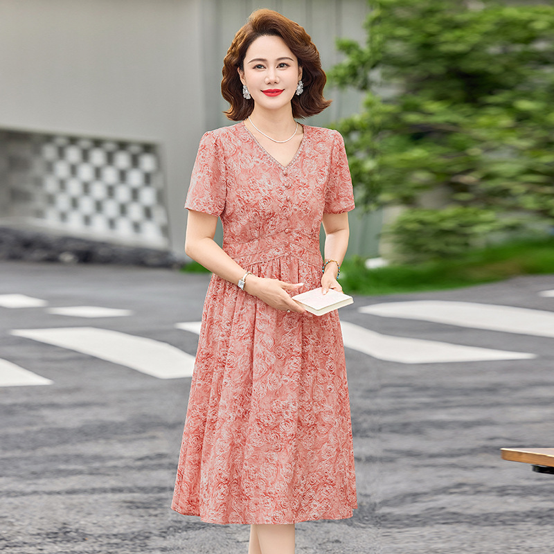 Summer V-Neck Dress for Middle-Aged Moms, 2026 Style, Fashionable Slimming Dress for Middle-Aged and Elderly Women, Stylish Grandma's Top