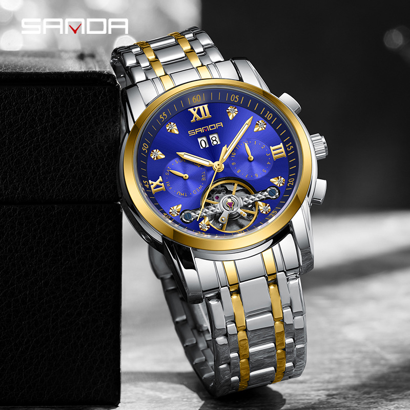 Sanda Diamond-Encrusted Tourbillon Skeleton Men's Watch with Calendar, Stainless Steel Strap, Fully Automatic Mechanical Men's Waterproof Watch