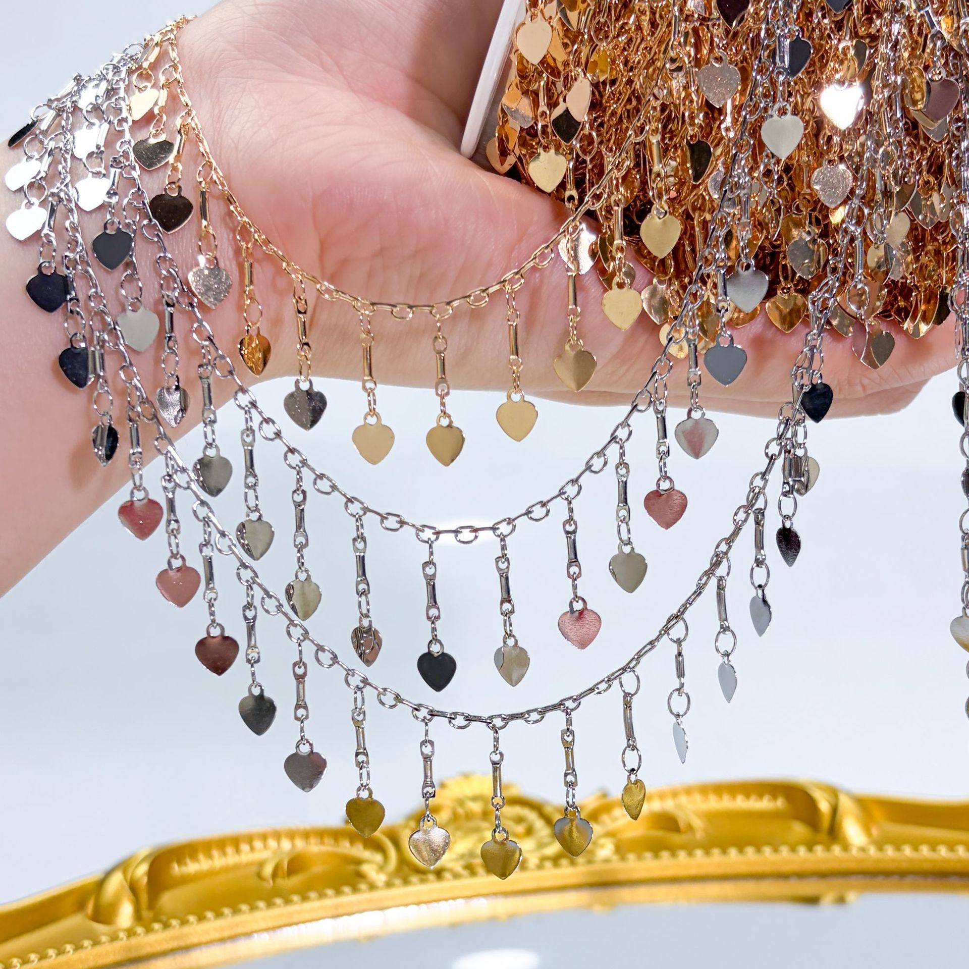 DIY Chain Lace Straight Stick Heart-Shaped Chain Color-Preserving Handmade Chain Vintage Hair Accessory Headscarf Clothing Accessory Heart Chain