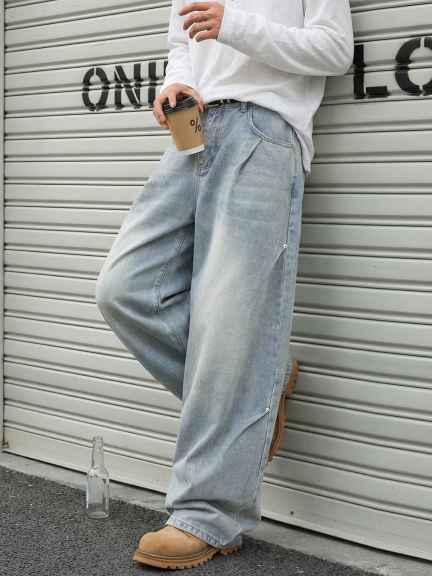Side Pleated Distressed Washed Denim Jeans for Men, Spring American High Street Baggy Silhouette Straight Casual Long Pants