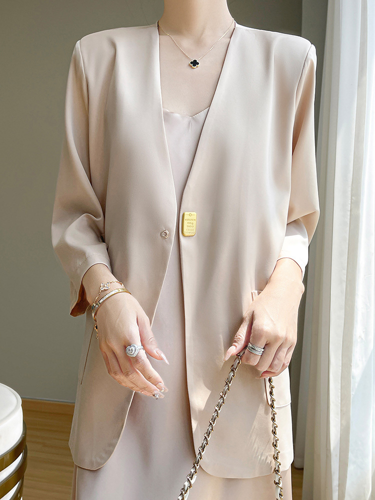 Acetate Satin Gold Button Suit Jacket 2025 Summer New Versatile Slimming Look Pure Color One-Button Suit Jacket